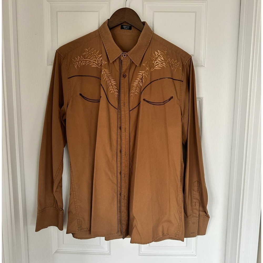Coofandy Mens Brown‎ Embroidered Western Cowboy Shirt Long Sleeve Size M